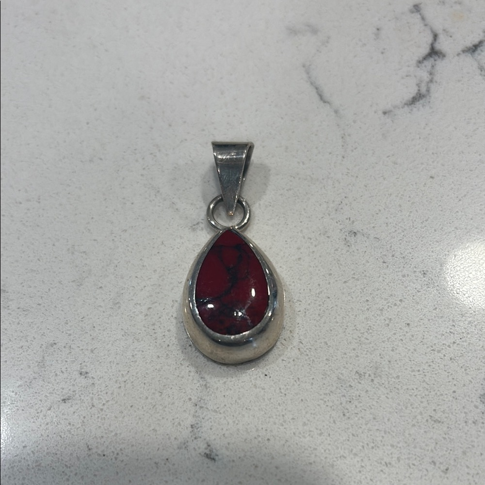 Silver and Red Jasper Teardrop Pendant; stamped